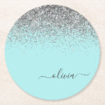 Aqua Blue Aquamarin Silver Glitzer Monogram Runder Pappuntersetzer<br><div class="desc">Aqua Blue - Aquamarine und Silver Sparkle Glitzer Script Monogram Name Paper Untersetzer. Dies macht den perfekten Abschluss,  Geburtstag,  Hochzeit,  Brautparty,  Jubiläum,  Babydusche oder Junggeselinnen-Abschied Geschenk für jemanden,  die Lieben glamourösen Luxus und schicke Stile.</div>
