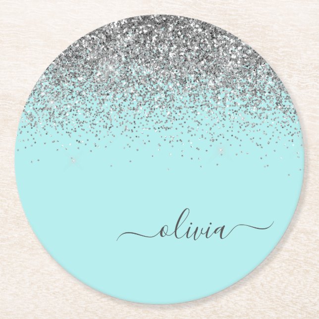 Aqua Blue Aquamarin Silver Glitzer Monogram Runder Pappuntersetzer (Vorderseite)