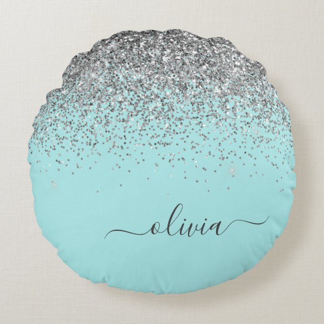 Aqua Blue Aquamarin Silver Glitzer Monogram Rundes Kissen (Vorderseite)