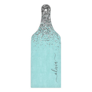 Aqua Blue Aquamarin Silver Glitzer Monogram Schneidebrett