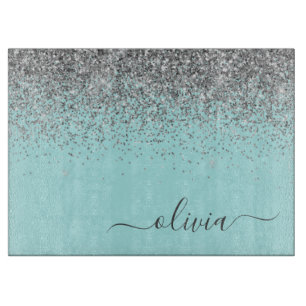 Aqua Blue Aquamarin Silver Glitzer Monogram Schneidebrett