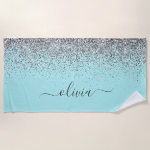 Aqua Blue Aquamarin Silver Glitzer Monogram Strandtuch