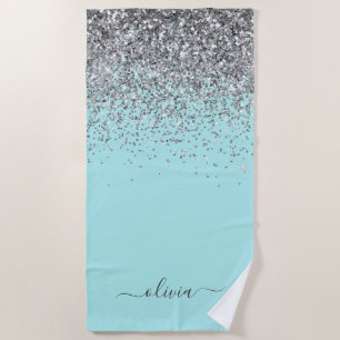 Aqua Blue Aquamarin Silver Glitzer Monogram Strandtuch