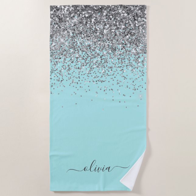 Aqua Blue Aquamarin Silver Glitzer Monogram Strandtuch (Vorderseite)