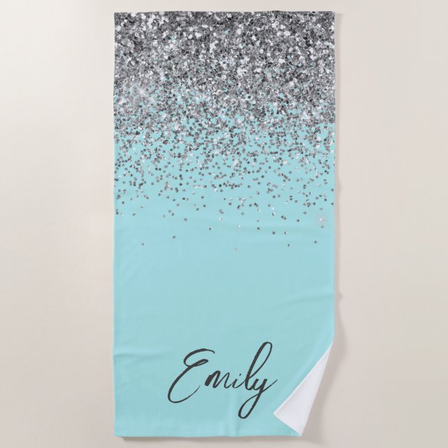 Aqua Blue Aquamarin Silver Glitzer Monogram Strandtuch (Vorderseite)
