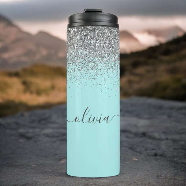 Aqua Blue Aquamarin Silver Glitzer Monogram Thermosbecher (Von Creator hochgeladen)