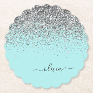 Aqua Blue Aquamarin Silver Glitzer Monogram Untersetzer