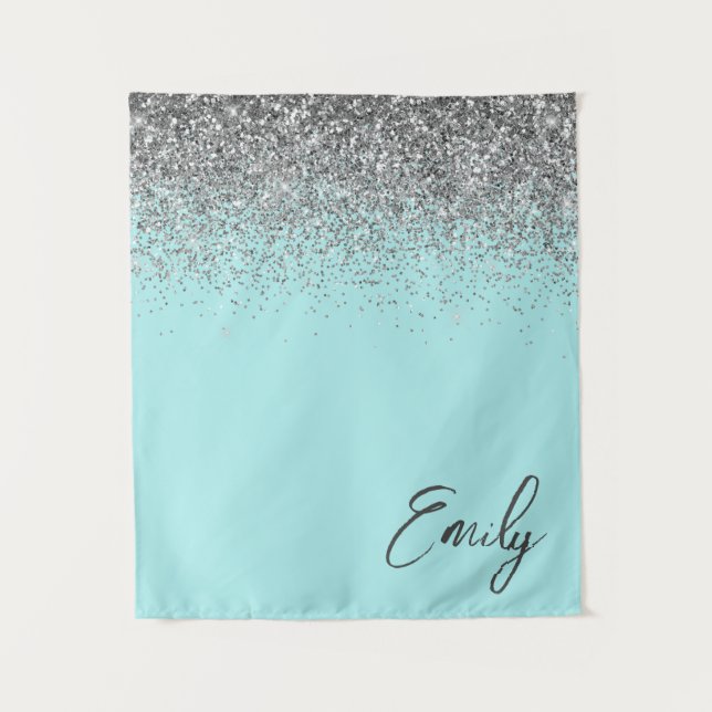 Aqua Blue Aquamarin Silver Glitzer Monogram Wandteppich (Vorderseite)