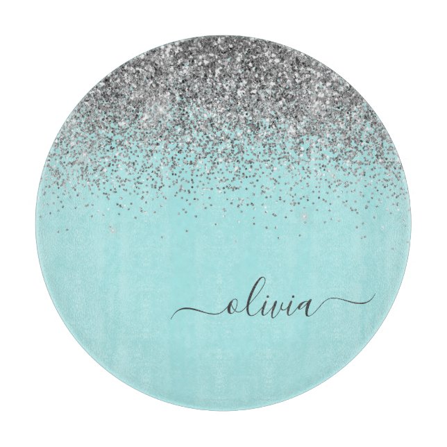 Aqua Blue Aquamarin Silver Pink Glitzer Monogram Schneidebrett (Vorderseite)