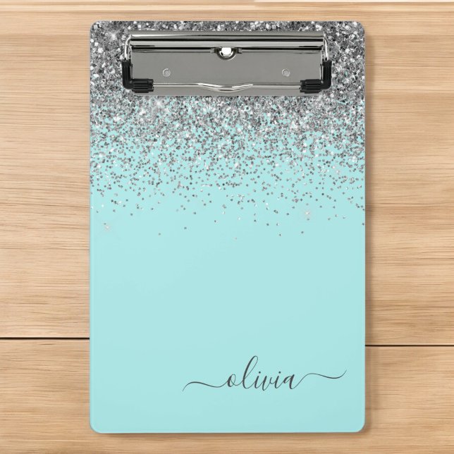 Aqua Blue - Aquamarin und Silver Glitzer Monogram Mini Klemmbrett (Von Creator hochgeladen)