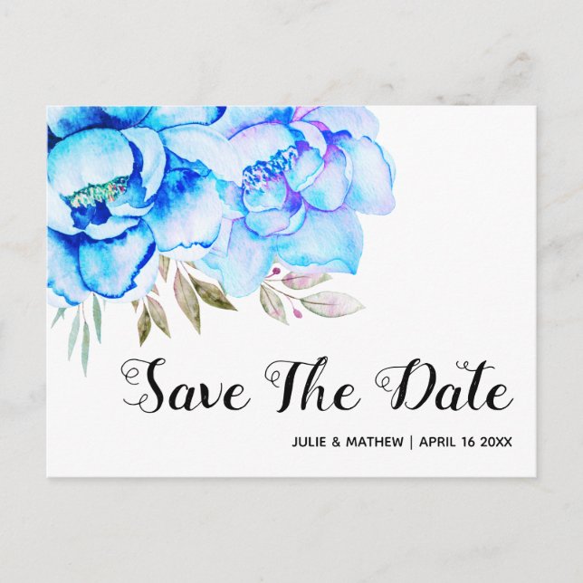 Aqua Blue Aquarell Blume Save the Date blühend Postkarte (Vorderseite)