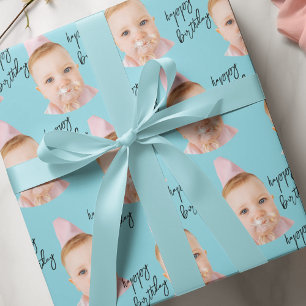 Aqua Blue Baby Face Birthday   Benutzerdefiniertes Geschenkpapier