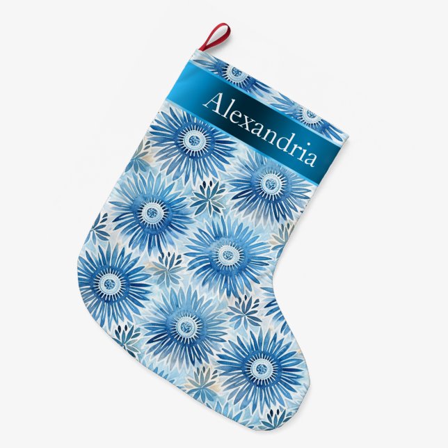 Aqua Blue Batik Floral Weihnachtsname Großer Weihnachtsstrumpf (Vorderansicht (hängend))