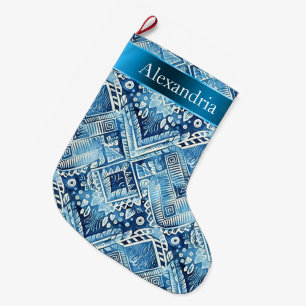 Aqua Blue Batik Weihnachtsname Großer Weihnachtsstrumpf