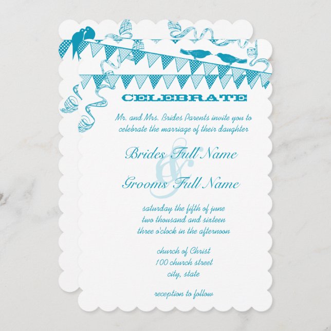 Aqua Blue Bird Bunting Pennant Wedding Einladungen (Vorne/Hinten)