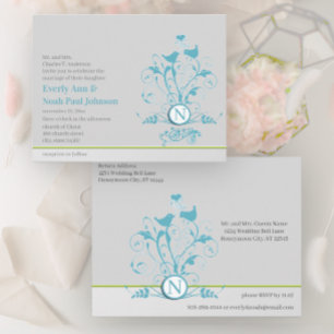 Aqua Blue Birds Hearts Wedding Einladung Postcard