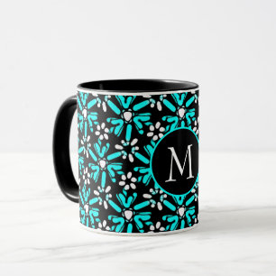 Aqua Blue & Black Batik Blume Muster Monogram Tasse