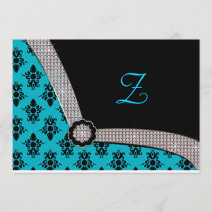 Aqua Blue & Black Damask Gem Sparkasse Einladung