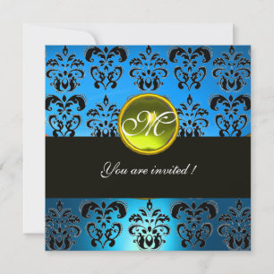 AQUA BLUE BLACK DAMASK MONOGRAM, gelber Topaz Einladung