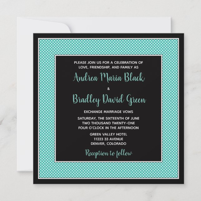 Aqua Blue Black Polka Dot Wedding Einladung (Vorderseite)