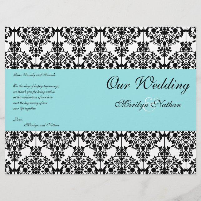 Aqua Blue, Black, White Damask Wedding Program (Vorderseite)