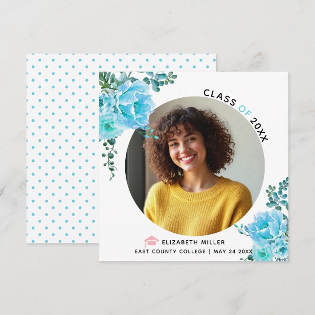 Aqua-Blue-Blumen-Klasse des Fotos 2025bgraduation Ankündigung (Vorne/Hinten)