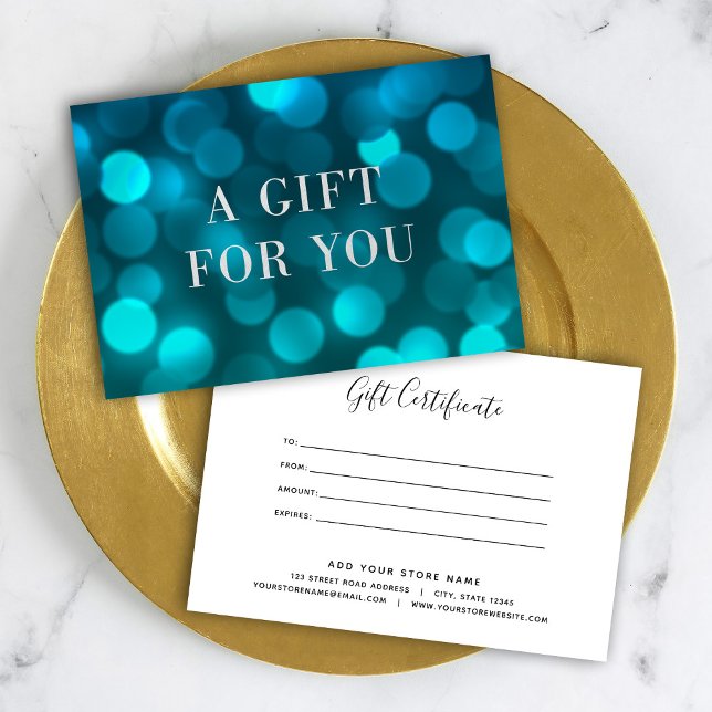 Aqua Blue Bokeh Lights Silver Gift Certificate (Von Creator hochgeladen)