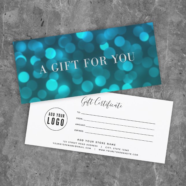 Aqua Blue Bokeh Lights Silver Gift Certificate (Von Creator hochgeladen)