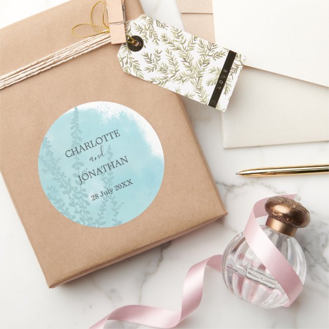 Aqua Blue Botanical Watercolor Wash Wedding Runder Aufkleber (Schenken)