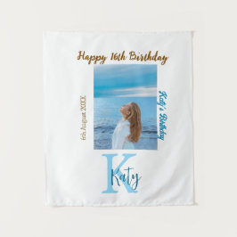 Aqua Blue Brawn glücklich 16. Geburtstag Foto Name Wandteppich