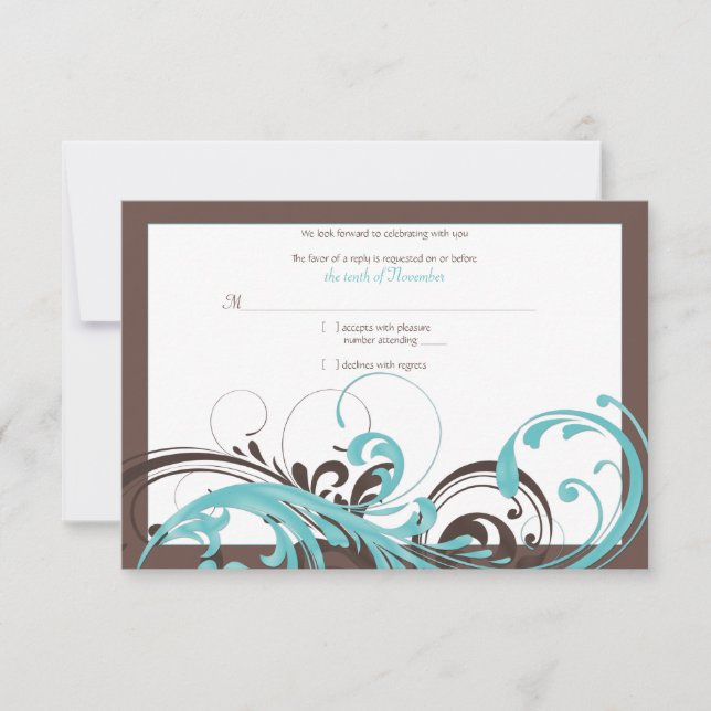 Aqua Blue, Brown Floral Wedding Repcard RSVP Karte (Vorderseite)