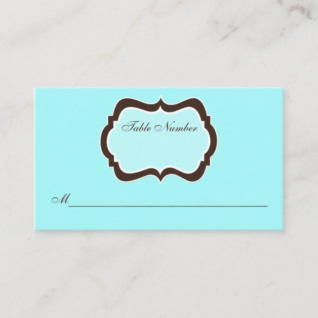 Aqua Blue, Brown und White Damask Platzkarte (Vorderseite)
