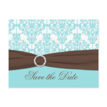 Aqua Blue, Brown, White Damask Save the Date Card