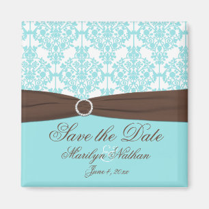Aqua Blue, Brown, White Damask Save the Date Magnet
