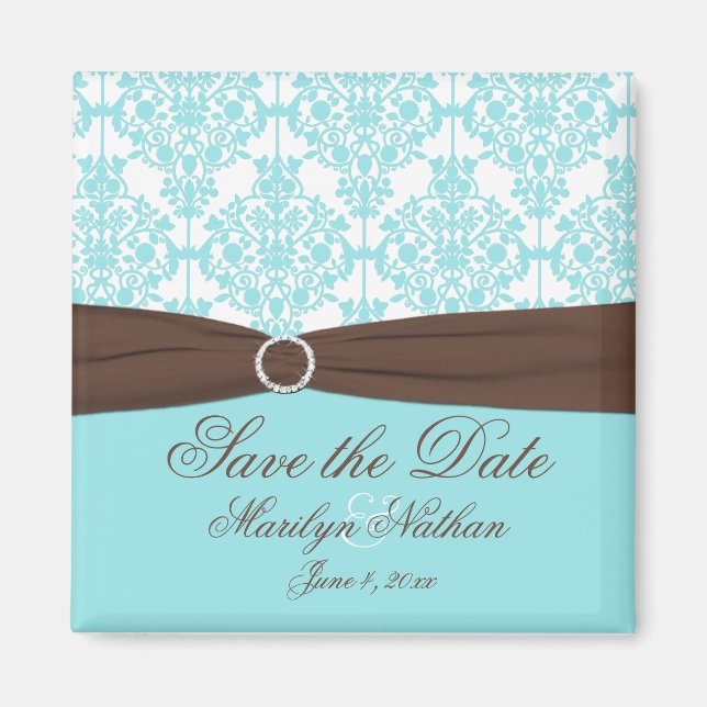Aqua Blue, Brown, White Damask Save the Date Magnet (Vorne)