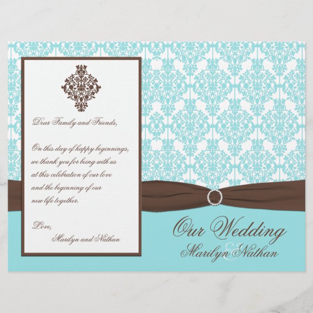 Aqua Blue, Brown, White Damask Wedding Program (Vorderseite)