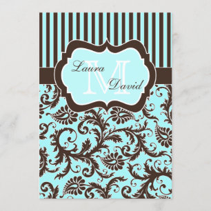 Aqua Blue Brown White Striped Damask Einladung II