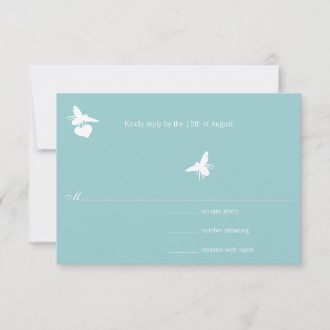 Aqua Blue Bumble Bee Heart Wedding RSVP Karte (Vorderseite)