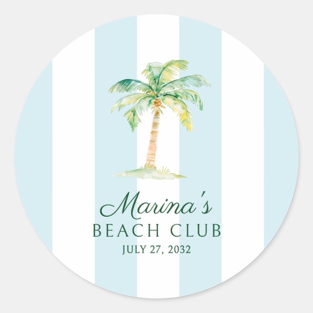 Aqua Blue Cabana Stripes Palm Beach Club Gefallen Runder Aufkleber (Vorderseite)
