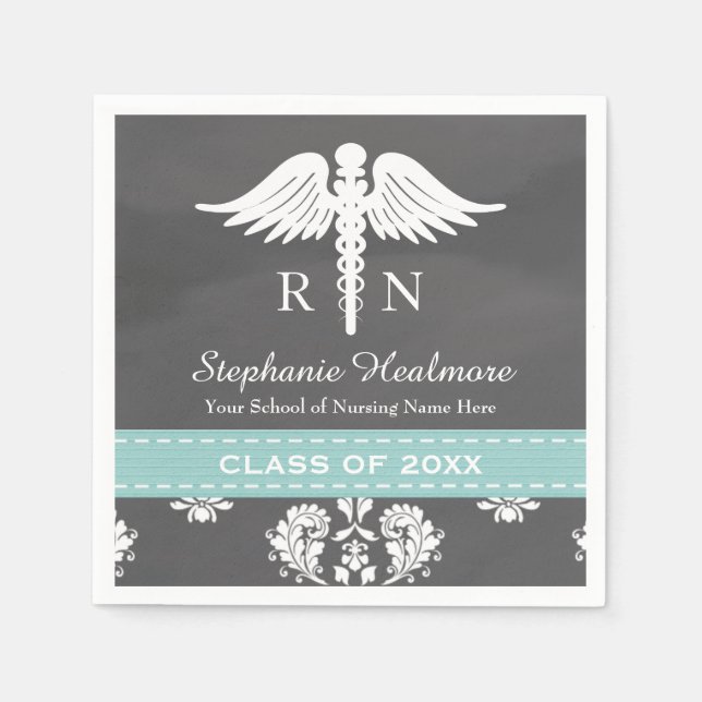 Aqua Blue Chalkboard Caduceus Nurse Abschluss Serviette (Vorderseite)