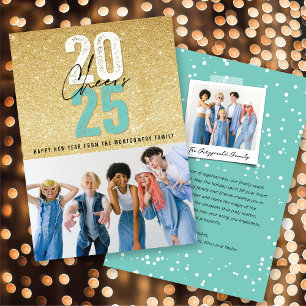 Aqua Blue Cheers 2025 Glitzer Chic New Year Foto Feiertagskarte