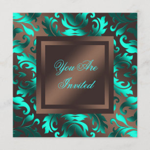 Aqua Blue Chocolate Brown Damask Party Einladung