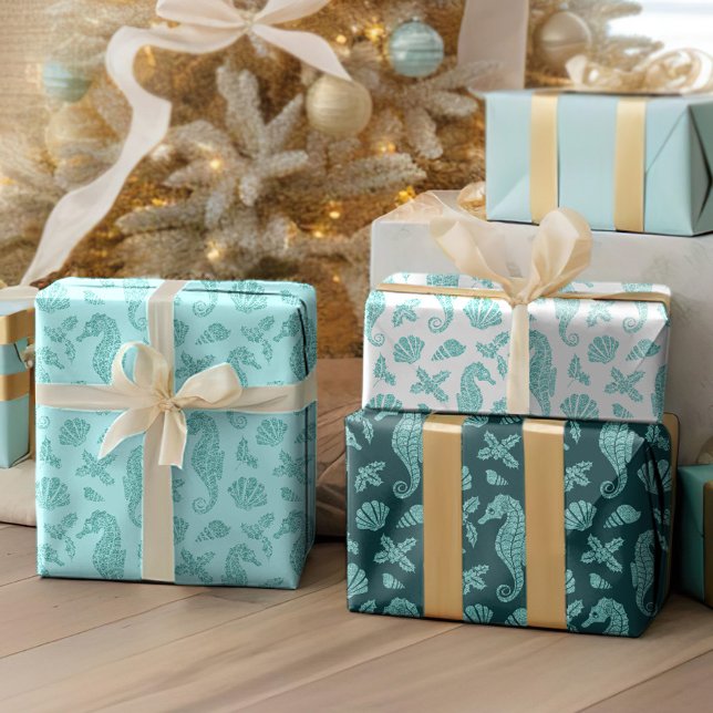 Aqua Blue Christmas Coastal Glitzer Seepferde Geschenkpapier Set (Von Creator hochgeladen)