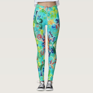 Aqua Blue Colorful Blumengestalt Vintage Art Leggings