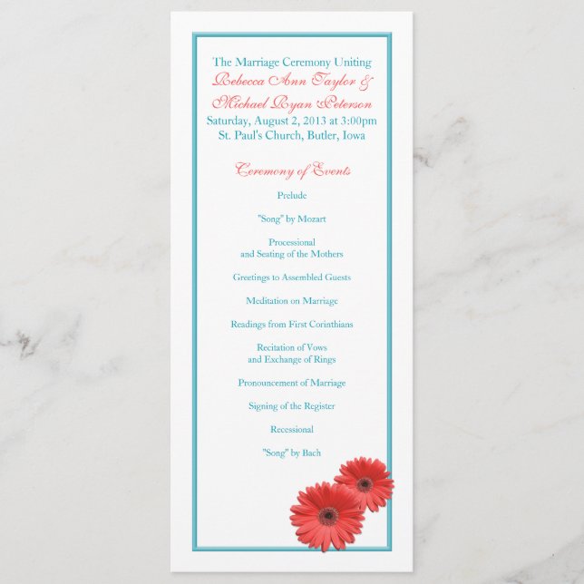 Aqua Blue Coral Gerbera Daisy Wedding Program Programm (Vorderseite)