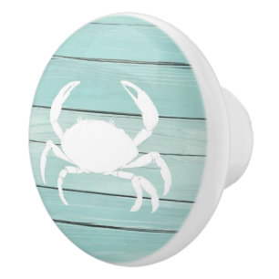 Aqua Blue Crab Imitats Wood Nautical Drawer Drehkn Keramikknauf