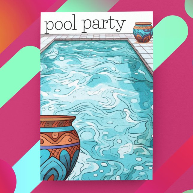 Aqua Blue Customizable Pool Party Einladung (Customize the back of this summer celebration pool party invitation with clay pots and a pool. )