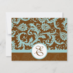 Aqua-Blue-Damask auf brauner Hochzeitseinladung Einladung