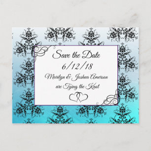 Aqua Blue Damask Hochzeit Save the Date Postkarte