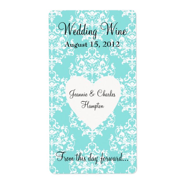 Aqua Blue Damask Mini Wine Label (Vorne)